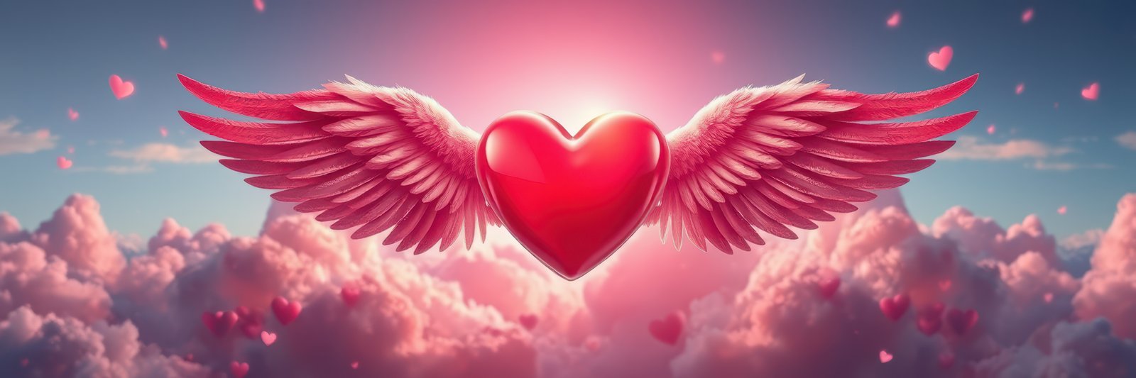 A vibrant red heart, endowed with large pink wings, gracefully floats amidst a sea of fluffy pink clouds